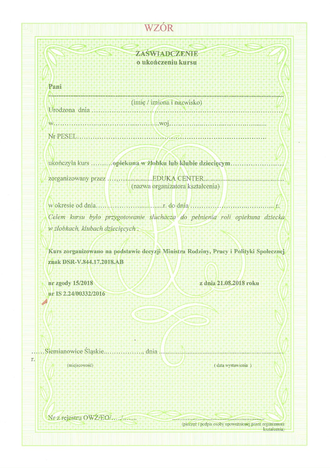 Zaświadczenie Opiekun w żłobku